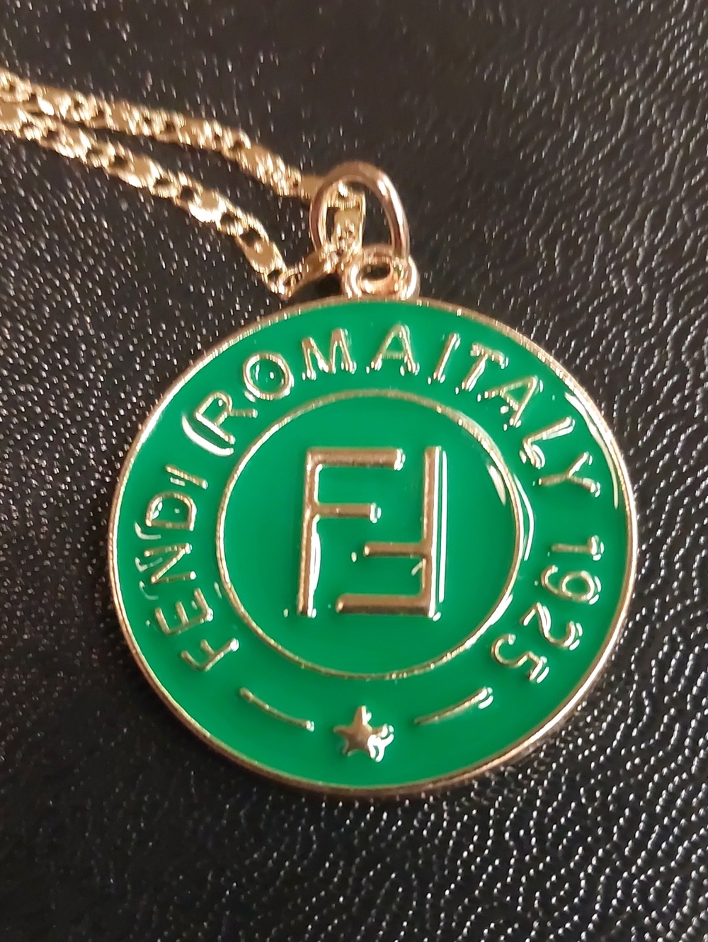 Fendi Green and Gold Enamel Logo Charm Pendant Necklace Rare